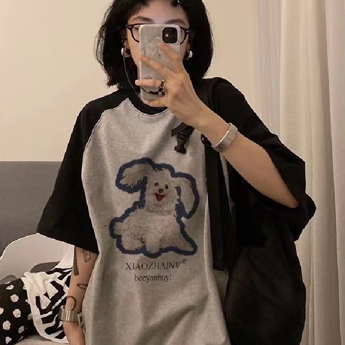 Áo Thun 100% Cotton Tay Ngắn Dáng Rộng In Họa Tiết Hoạt Hình Phong Cách Hàn Quốc Thời Trang Cho Nữ