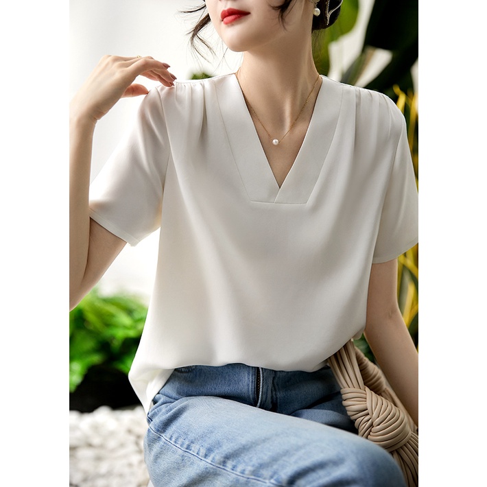 Jane Áo Thun Lụa Bóng Cao Cấp Cổ Chữ V Xếp Ly Giả Lụa Bóng Thấp Co Giãn