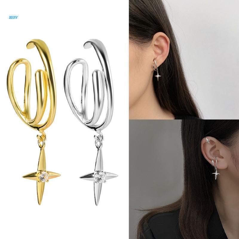 Khuyên Tai Lủng Lẳng Hình Ngôi Sao Bốn Cánh Không Xỏ Lỗ Dễ Thương