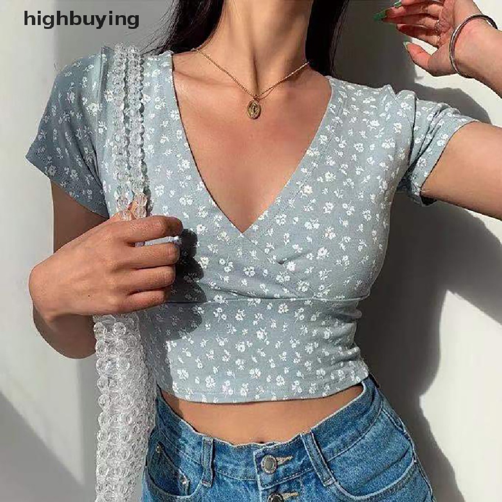 Áo Thun Lửng Ngắn Tay Cổ Chữ V In Hoa Gợi Cảm Cho Nữ