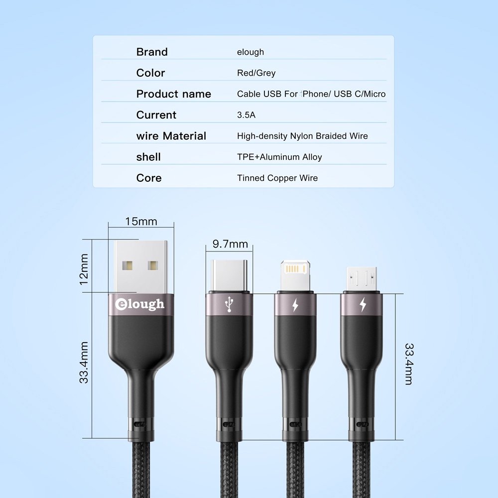 Cáp Sạc Nhanh 3 Trong 1 Cổng Micro USB Type C Dài 0.6 / 1.2 / 1.8M Cho Điện Thoại