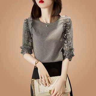 Áo sơ mi nữ cổ tròn phối ren lá sen cỡ nhỏ thời trang mùa hè xinh xắn