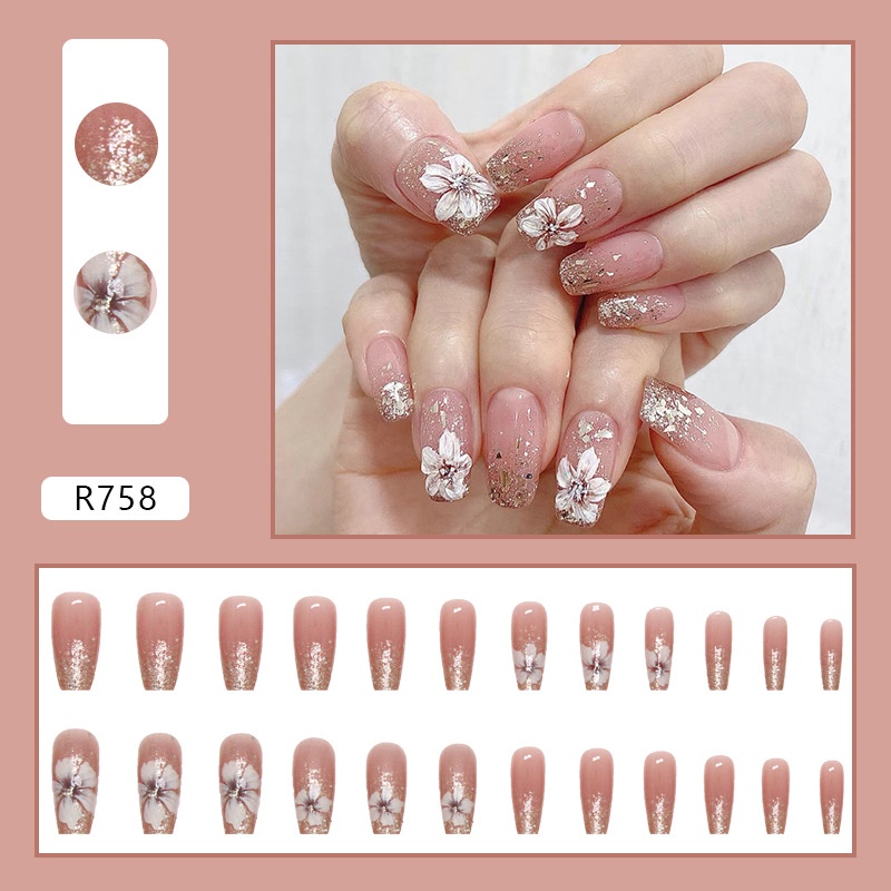 Hộp 24 Móng Tay Giả Hoa Trà Tự Nhiên R758