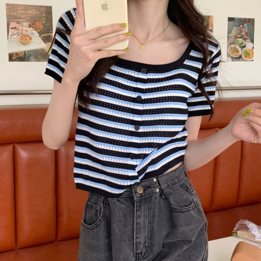 Jiashucheng Áo Thun Lụa Lạnh Mỏng Cổ Vuông Thiết Kế Mùa Hè Cho Nữ