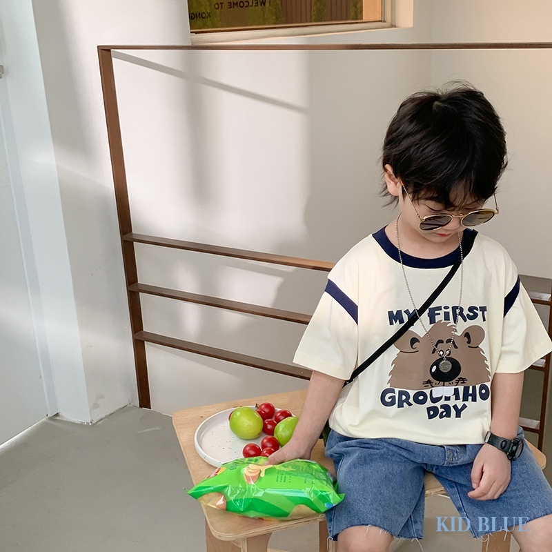 Bộ Áo Thun Tay Ngắn In Hoạt Hình Phối Quần Short Phối Màu Tương Phản Thời Trang Mùa Hè Cho Bé Trai