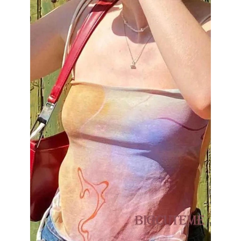 Áo Hai Dây Cổ Vuông Họa Tiết Màu Nhuộm Thời Trang Cho Nữ