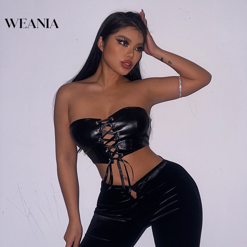 Weania Áo Croptop Dây Da PU Khoét Rỗng Gợi Cảm Cho Nữ
