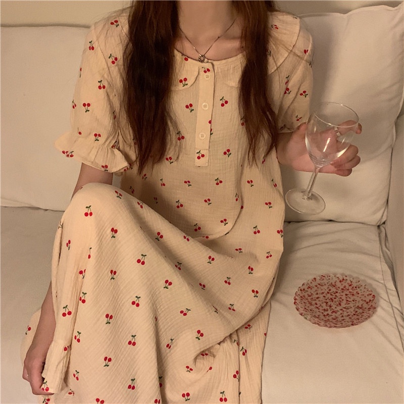 Đầm Ngủ Cotton Tay Ngắn Phối Ren Phong Cách Công Chúa Pháp Ngọt Ngào Cho Nữ La230