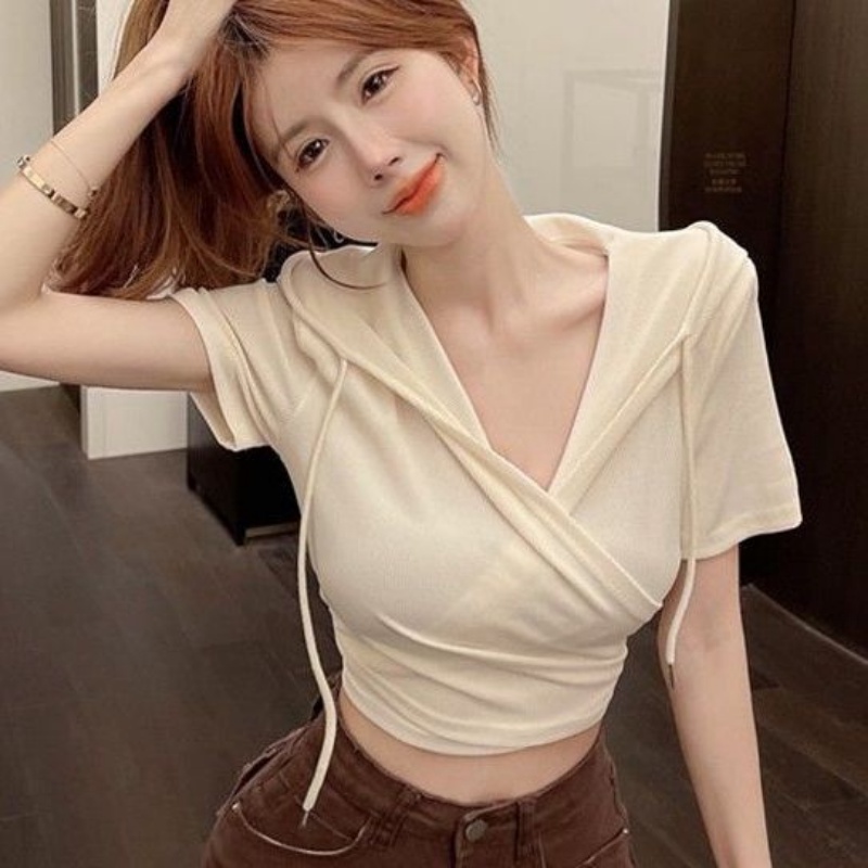 Áo Thun Tay Ngắn Cổ Chữ V Chống Nắng Dáng Ôm Thời Trang Quyến Rũ Cho Nữ