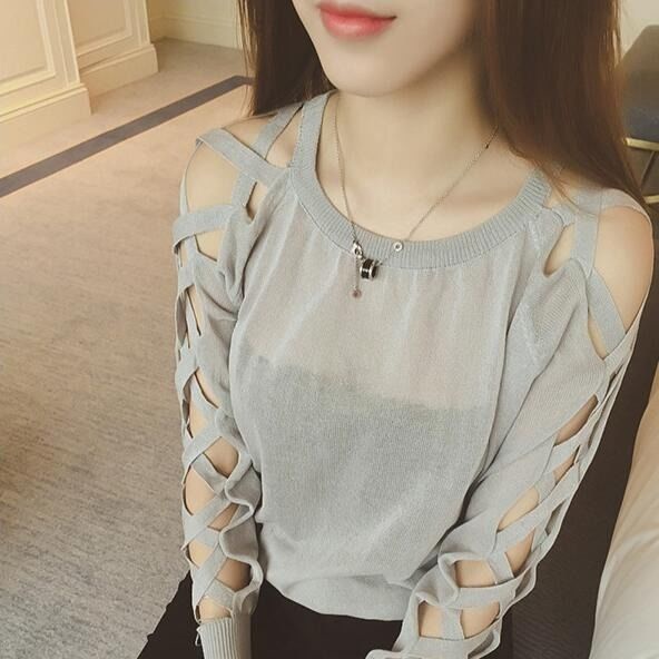 Áo Thun Dài Tay Màu Trơn Thiết Kế Khoét Lỗ Thời Trang Quyến Rũ Dành Cho Nữ