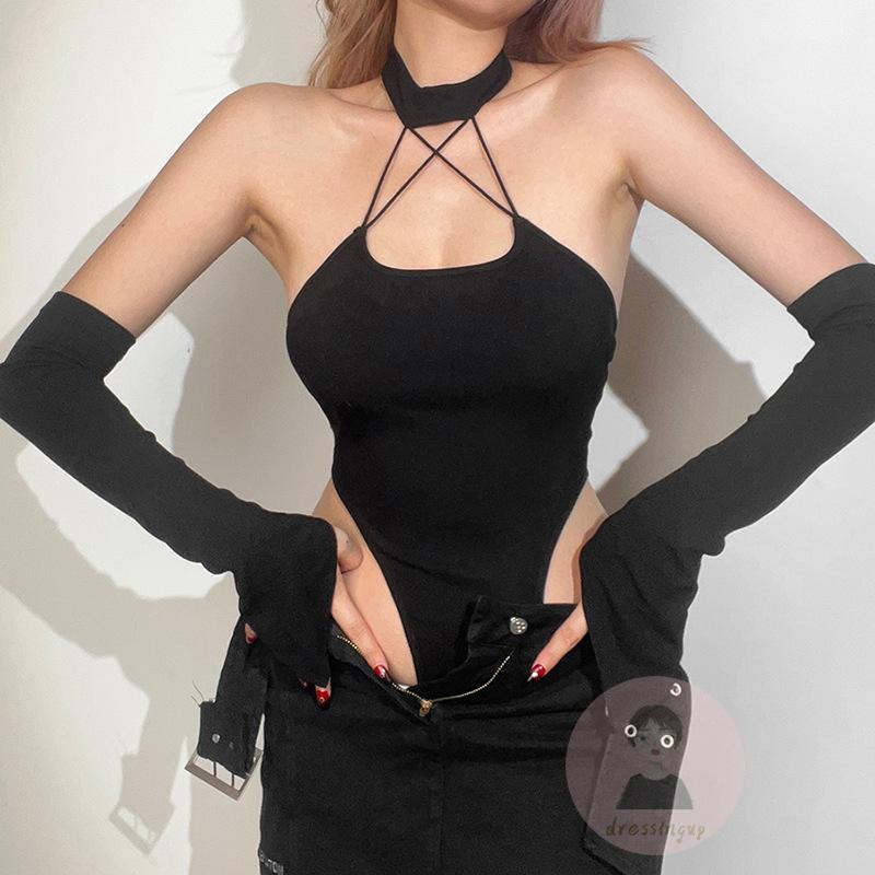 Bộ Áo Liền Quần Sát Nách Khoét Lỗ Dây Chéo Trước Ngực Có Tay Áo Thời Trang Cho Nữ