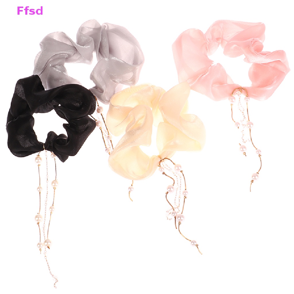 {Ffsd} Dây Buộc Tóc Chiffon Bản Lớn Đính Đá Ngọc Trai Phối Tua Rua Cho Nữ Bán Chạy