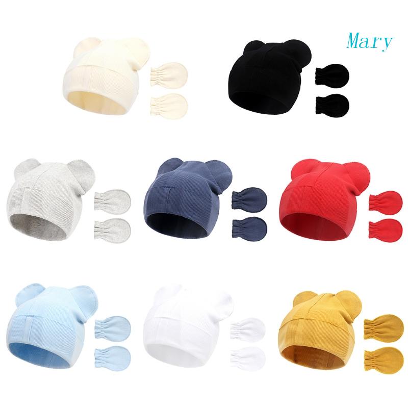 Bộ Găng Tay + Mũ + Găng Tay Bằng Cotton Mềm Chống Trầy Hình Tai Gấu Dễ Thương Cho Bé Sơ Sinh