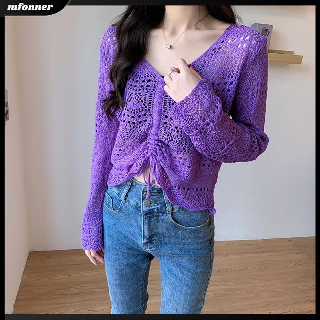 Áo Kiểu Dệt Kim Tay Dài Dáng Rộng Cổ Chữ V Phối Dây Rút Thời Trang Cho Nữ