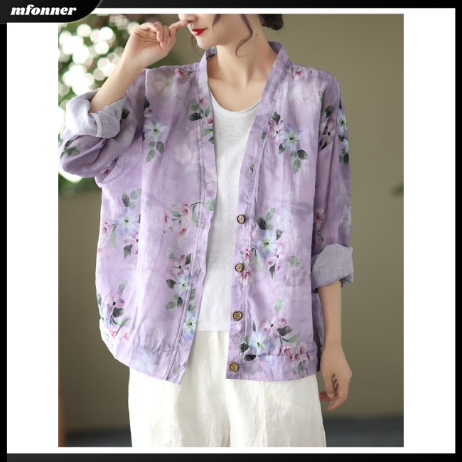 Áo Sơ Mi Tay Dài Cổ Chữ V Dáng Rộng Vải Lanh In Họa Tiết Thời Trang Cho Nữ