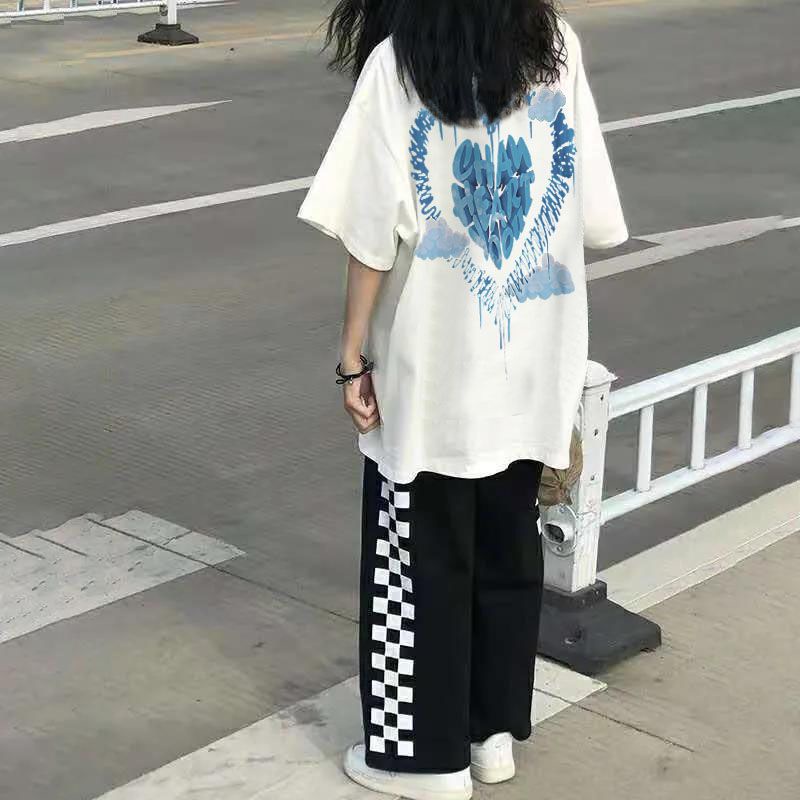 Set Áo Thun Ngắn Tay Và Quần Dài Ống Rộng Họa Tiết Sọc Caro Trắng Đen Phong Cách Hàn Quốc Cho Nữ