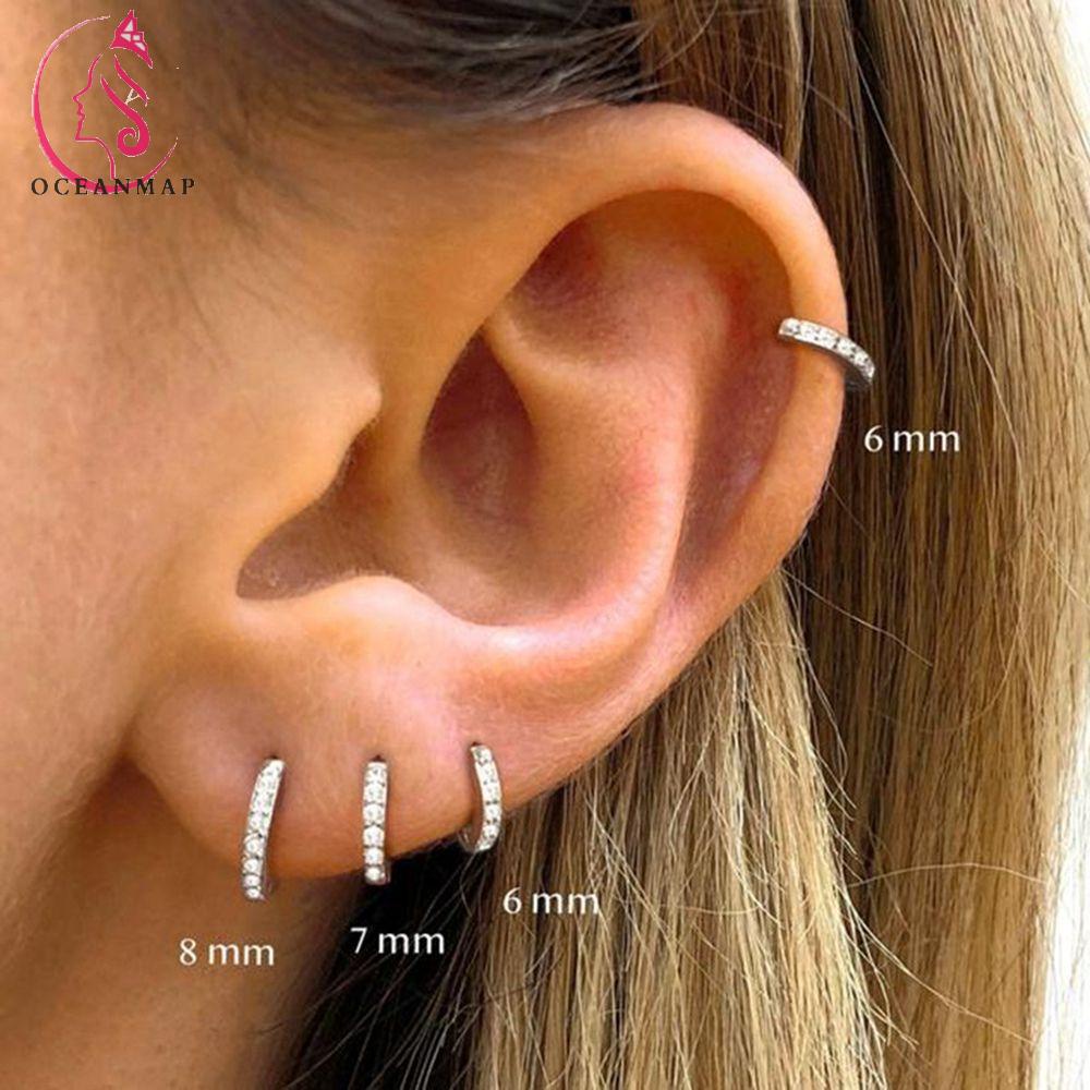 Mạ Bạc OCEANMAP|Khuyên Tai Tròn Mỏng Đính Đá Zircon Thời Trang Thanh Lịch Cho Nữ