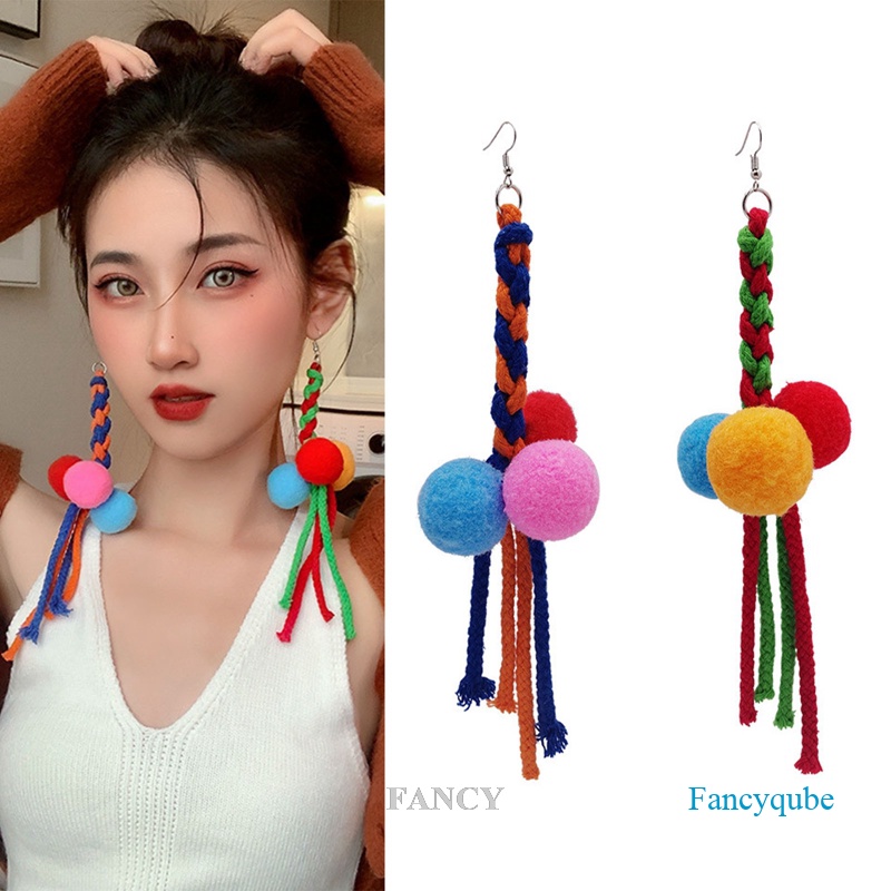 Khuyên Tai Dáng Dài Phối Cục Bông Mềm Thời Trang Dễ Thương Cho Nữ