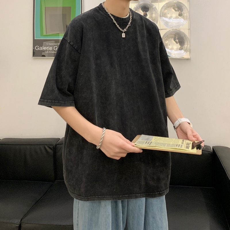 Áo Thun cotton Tay Ngắn Cổ Tròn Màu Sắc retro Dành Cho Nam Giới 220g