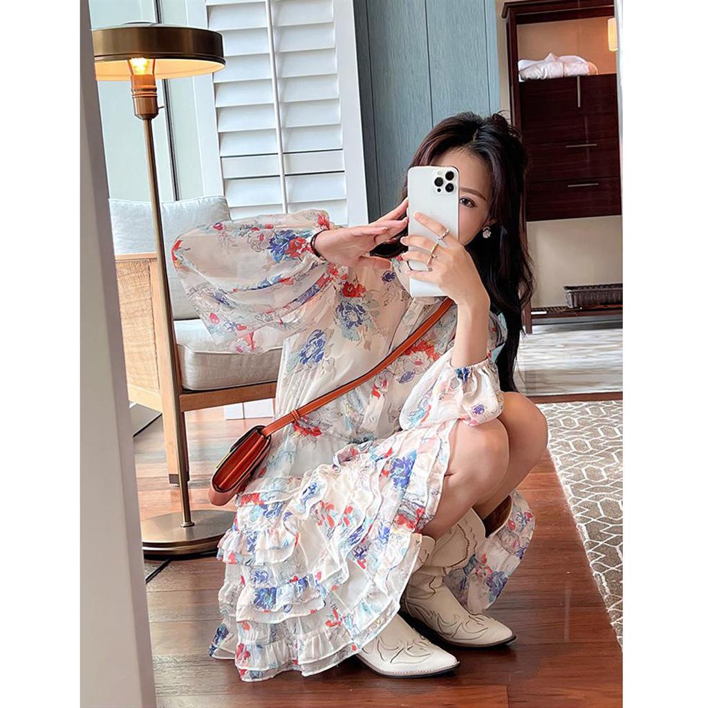 ​Đầm Tay Phồng Dài In Họa Tiết Xinh Xắn Thời Trang