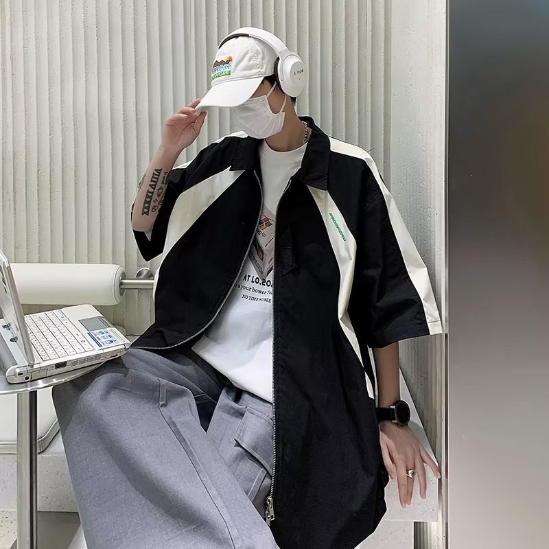 Áo Thun POLO Ngắn Tay Phối Hai Khóa Kéo Màu Sắc Tương Phản Phong Cách Đường Phố Mỹ Thời Trang Mùa Hè Cho Nam