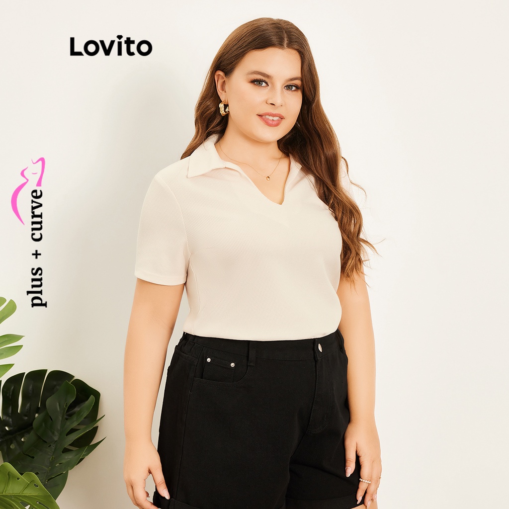 Áo thun waffle Lovito cổ polo màu trơn thường ngày tôn đường cong size lớn cho nữ LPS07004 (Màu kaki)
