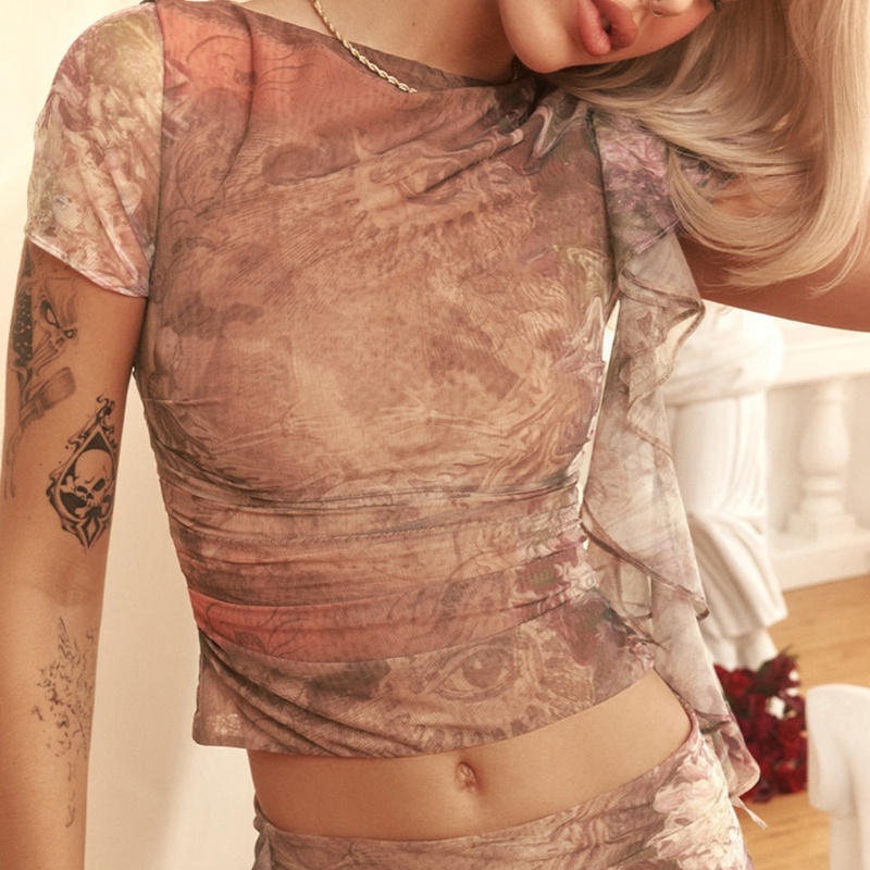 Bộ Áo Croptop Ngắn Tay Phối Bèo + Chân Váy Mini 2 Mảnh In Họa Tiết Trừu Tượng Thời Trang Mùa Hè Cho Nữ