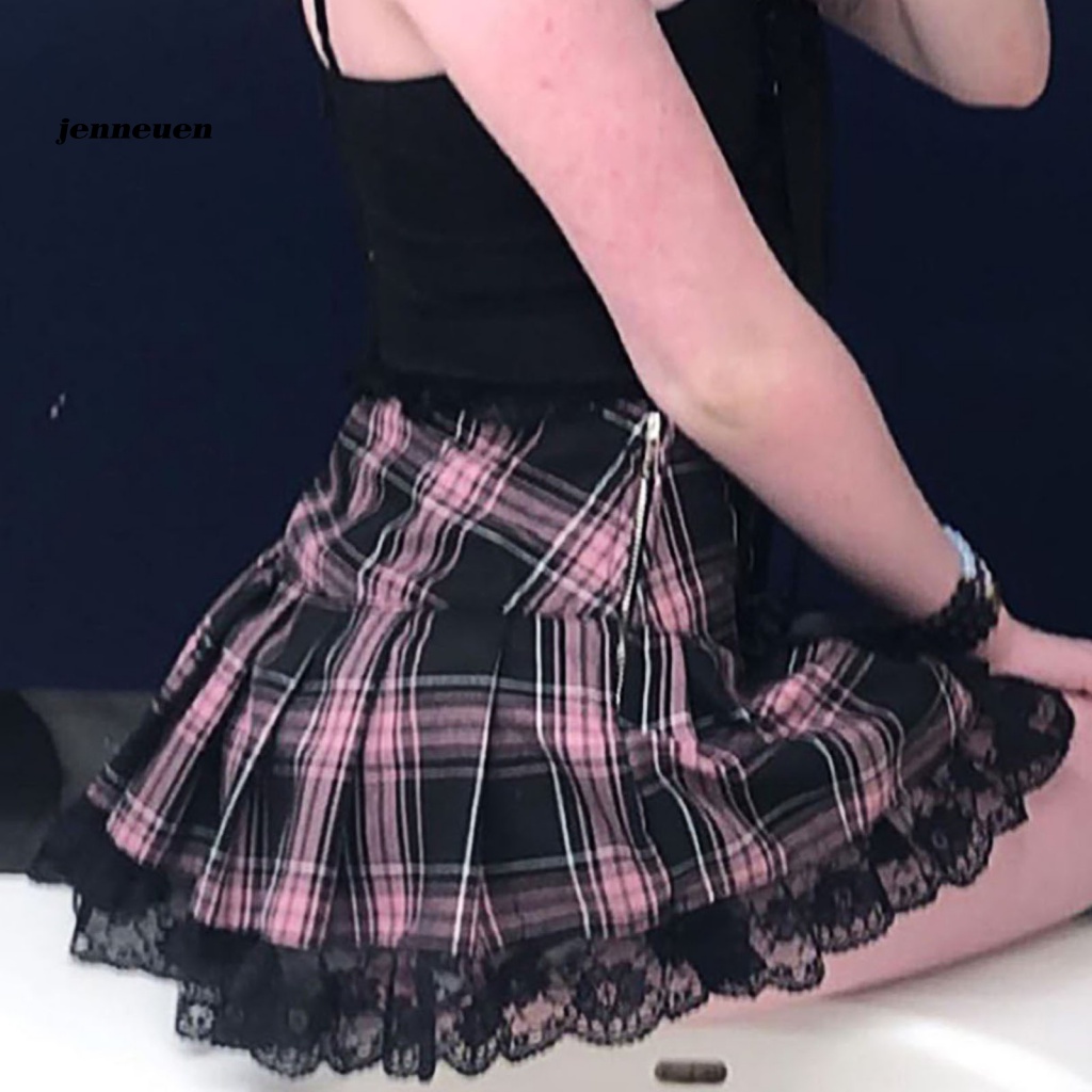 Chân Váy Ngắn Hóa Trang Mini Xếp Ly Phối Dây Cột Sọc Ca Rô Gợi Cảm Cho Nữ