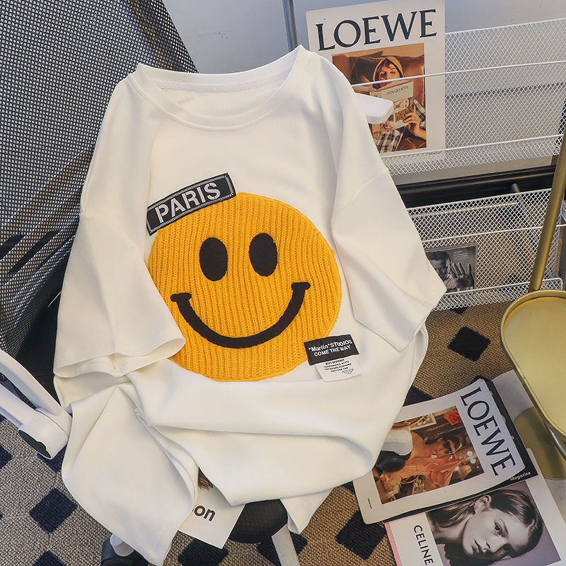 Áo Thun Tay Ngắn Dáng Rộng In Hình Mặt Cười Phong Cách Hàn Quốc Thời Trang Mùa Hè Cho Nữ 200