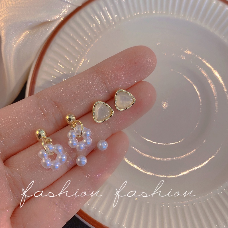 Bộ Sáu Bông Tai Ngọc Trai Opal Không Cần Xỏ Khuyên Mini Hình Học Cho Nữ