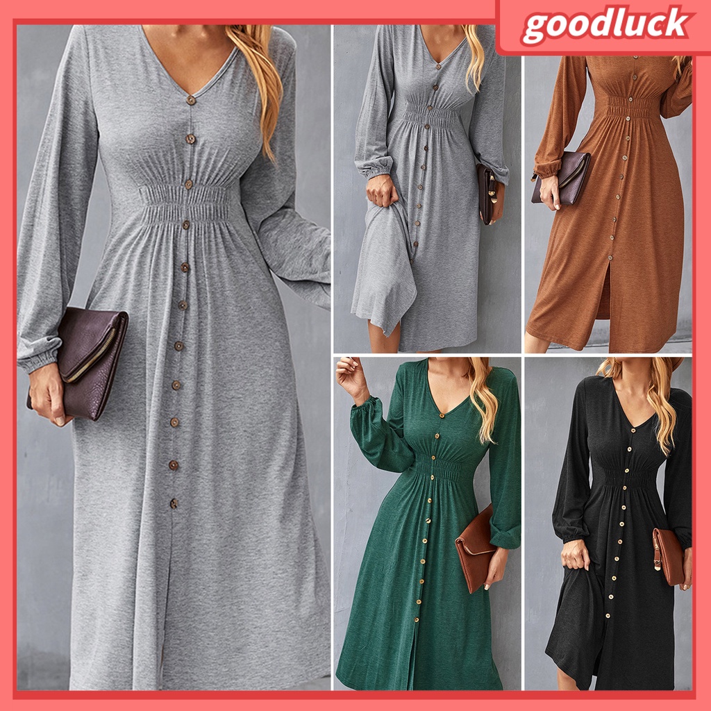 [GUC] Đầm Midi Dáng Chữ A Tay Dài Phồng Cổ Chữ V Xẻ Tà Phía Trước Eo Co Giãn Màu Trơn Thanh Lịch Dành Cho Nữ