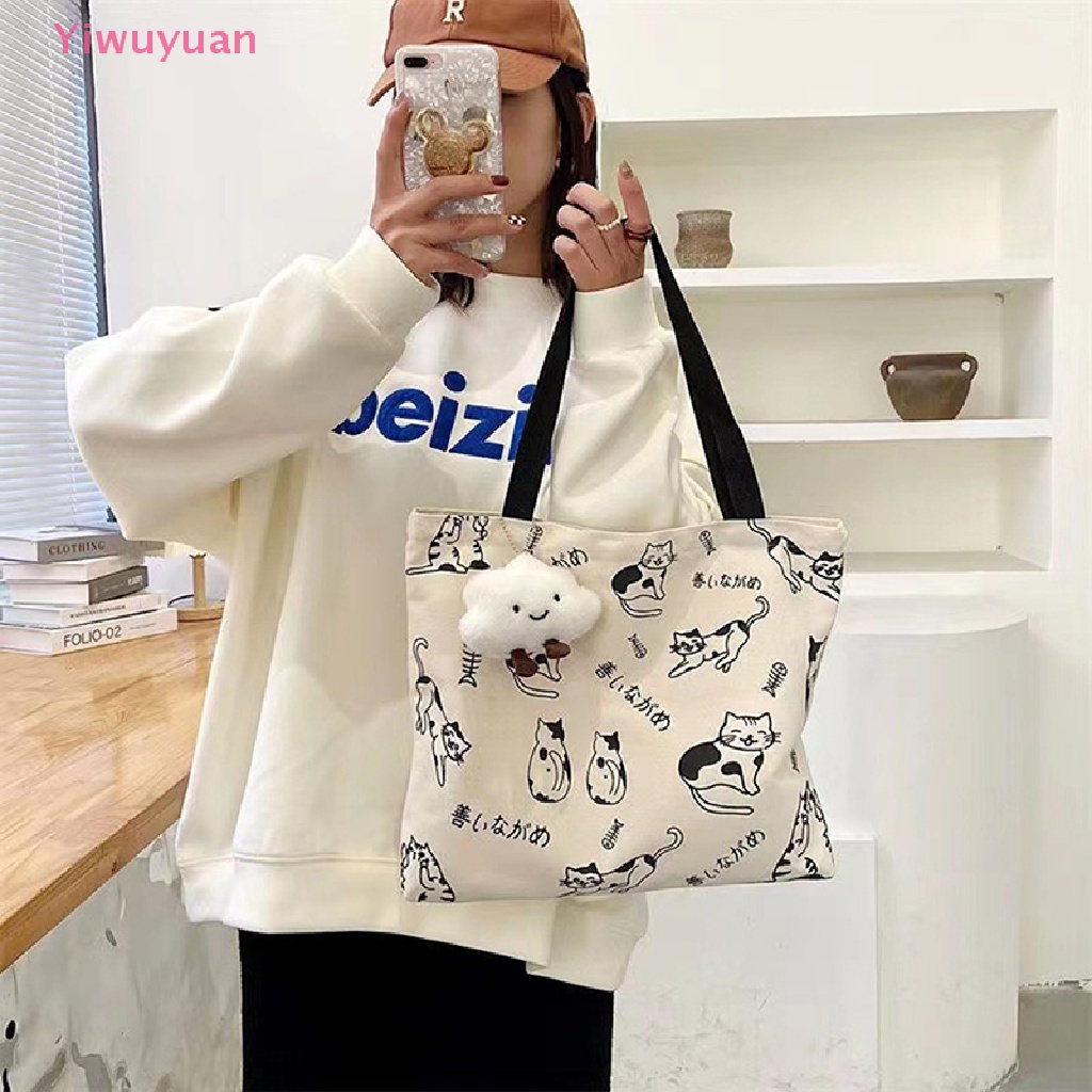 &lt; Yiwuyuan &gt; Túi Xách Đeo Vai Canvas Họa Tiết Mèo Hoạt Hình Có Khóa Kéo Phong Cách Nhật Bản Mới Cho Nữ