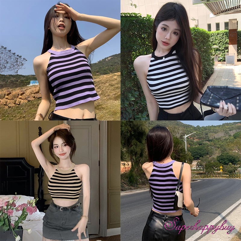 Áo Tank Top Dệt Kim Sát Nách Dáng Ôm In Họa Tiết Kẻ Sọc Thời Trang Mùa Hè Cho Nữ