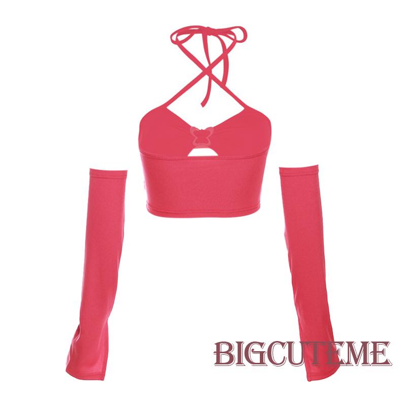 Set Áo Trễ Vai Màu Sắc Đơn Giản + Áo Tay Áo Màu Đỏ Thời Trang Xuân Hè Cho Nữ