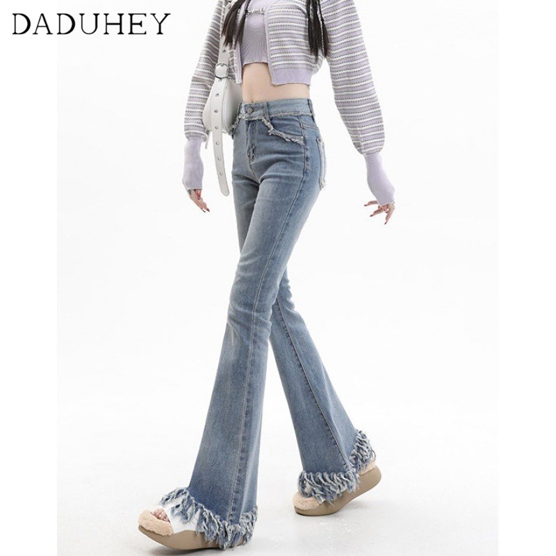 DaDuHey✨ New Korean Style Ins Light Blue High-waisted Jeans Raw Edge Elastic Micro Flared Trousers Bootcut Jeans