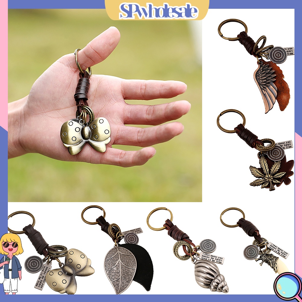 <SPwholesale> Móc Khóa Da Bò Mặt Hình Cánh Bướm / Lá Phong Cách Vintage