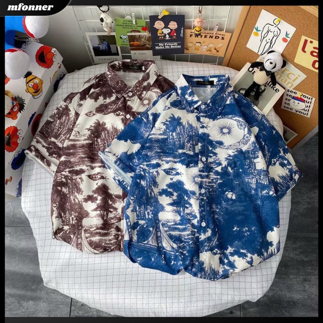 Áo Thun Lụa Lạnh Tay Ngắn Cổ Bẻ In Hình Phong Cảnh Phong Cách Retro Cho Nam Giới