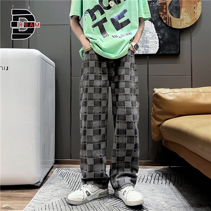 Quần Jean Baggy Dáng Suông In Họa Tiết Bảng Kẻ Caro Phong Cách Hip Hop Thời Trang Cho Nam