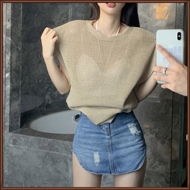 Áo Dệt Kim Tay Ngắn Dáng Rộng Thời Trang Quyến Rũ Cho Nữ