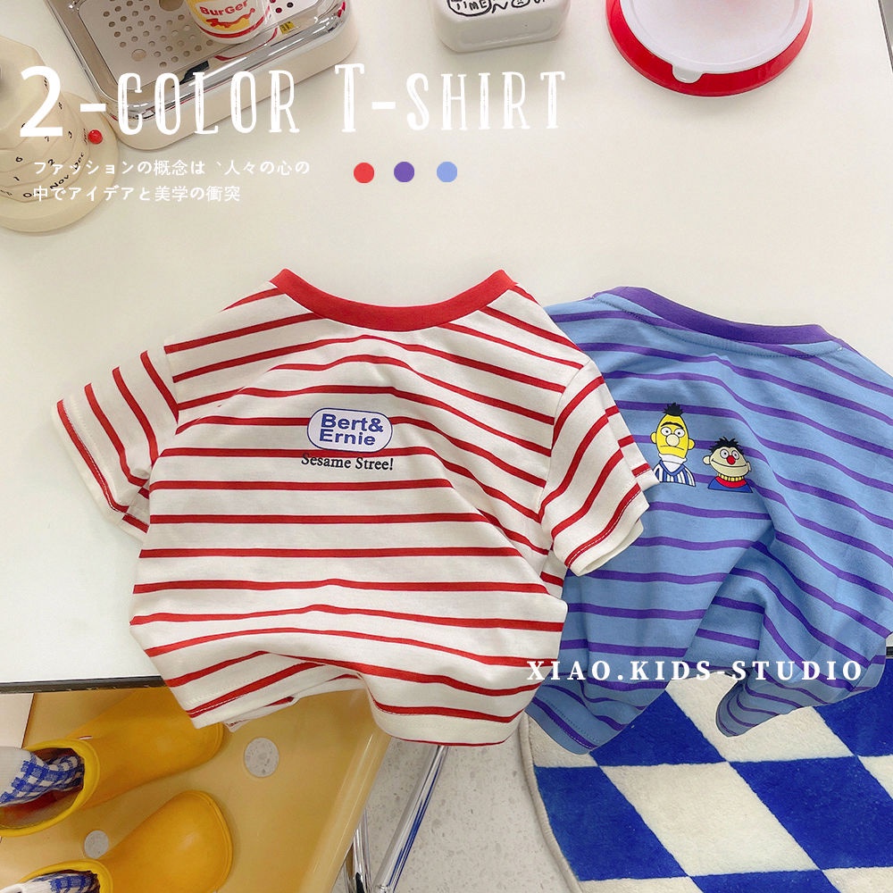 Áo Thun Cotton Tay Ngắn Cổ Tròn Họa Tiết Kẻ Sọc Thời Trang Mùa Hè Cho Bé