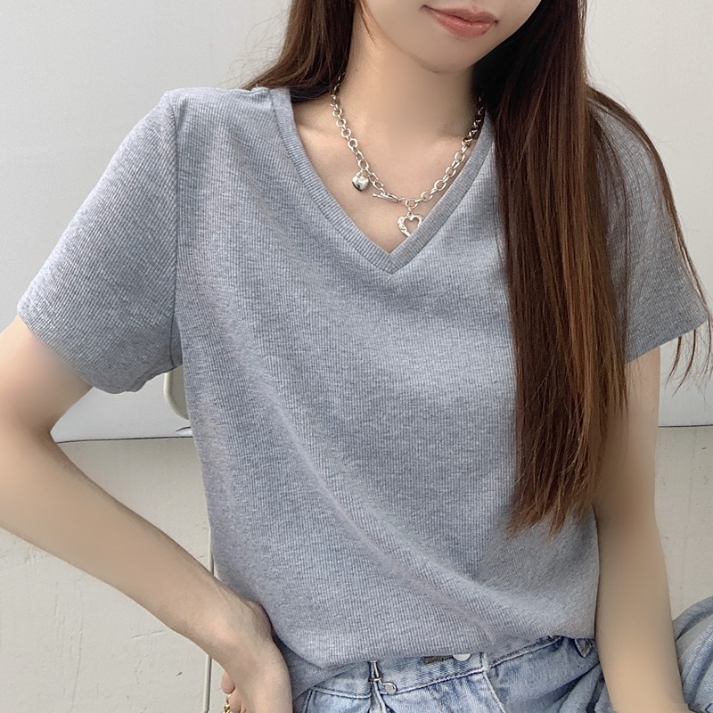 Áo Thun Tay Ngắn Cổ Chữ V Form Rộng Thiết Kế Đơn Giản Cho Nữ