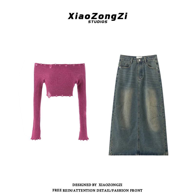 Bộ Áo Dệt Kim Tay Dài Trễ Vai + Chân Váy Denim Dài Thời Trang Mùa Thu Cho Nữ