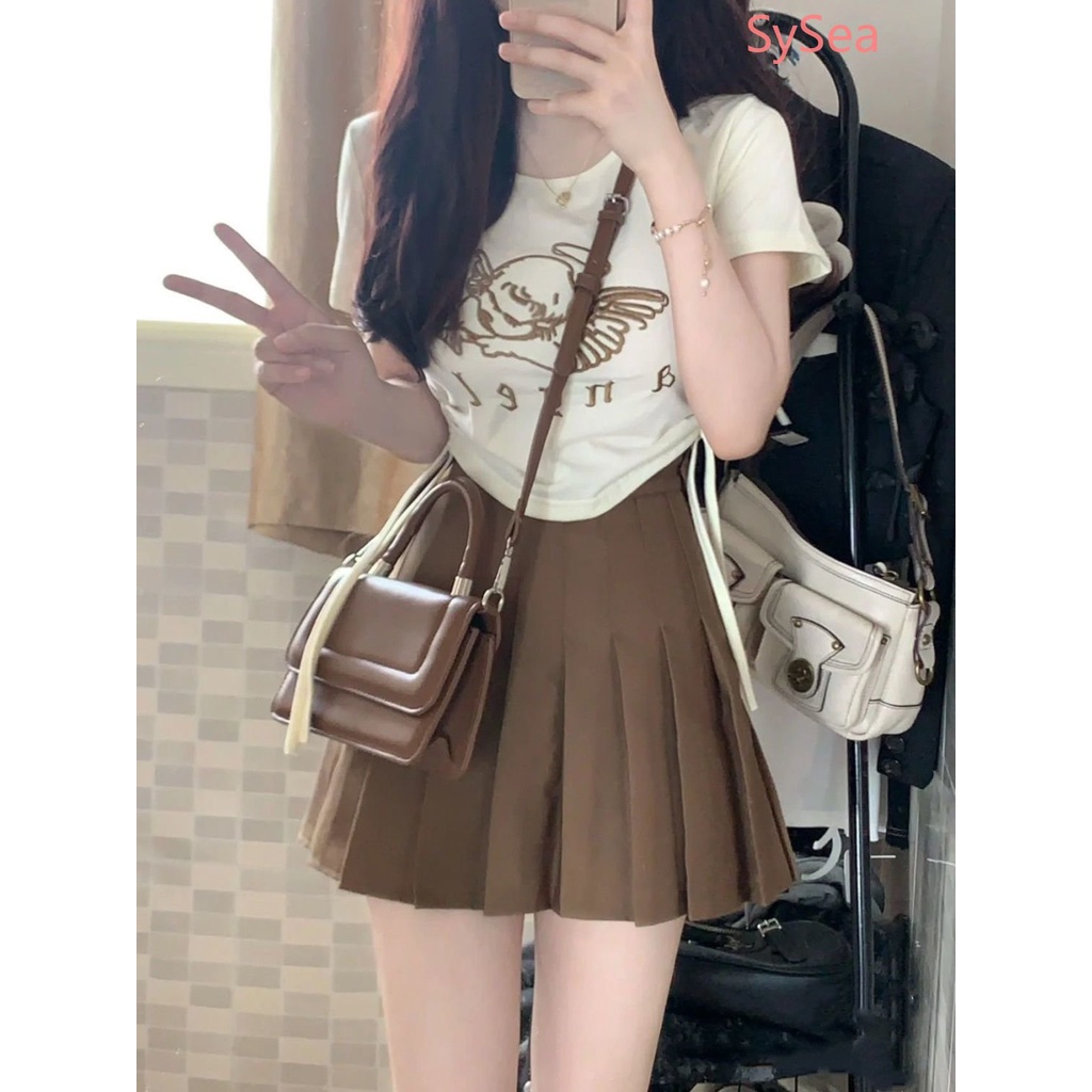 Set Áo Thun Rút Dây + Chân Váy Xếp Ly Phong Cách Retro Mỹ Cho Nữ