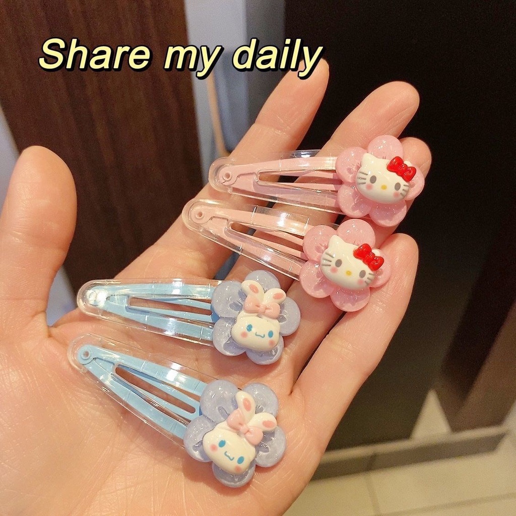 Kẹp Tóc Mái Bên Hông Trong Suốt Họa Tiết Hoa Hoạt Hình Cún Cinnamon Kuromi Sanrio Cho Bé Gái