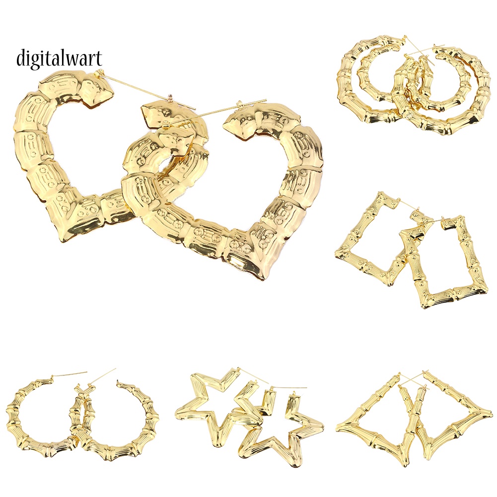 Kỹ Thuật Số| Bông Tai Hình Trái Tim / Vuông / Tròn / Ngôi Sao Dập Nổi Bằng Tre Thời Trang