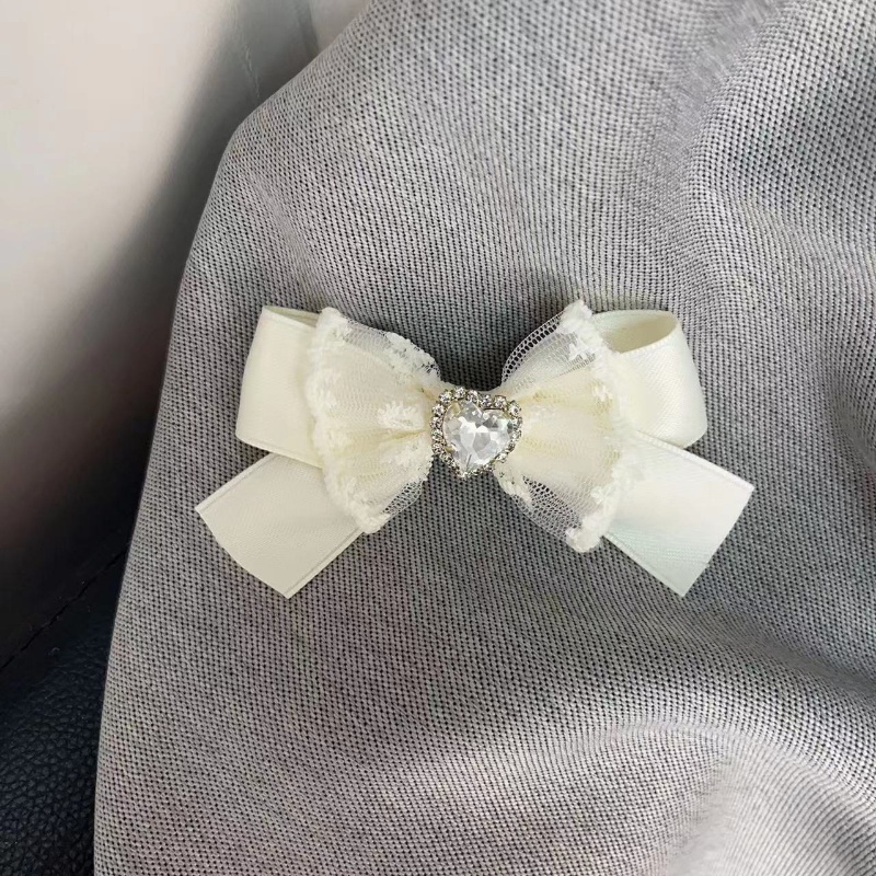 Kẹp Tóc Nơ Satin Màu Kem Đính Đá Thời Trang