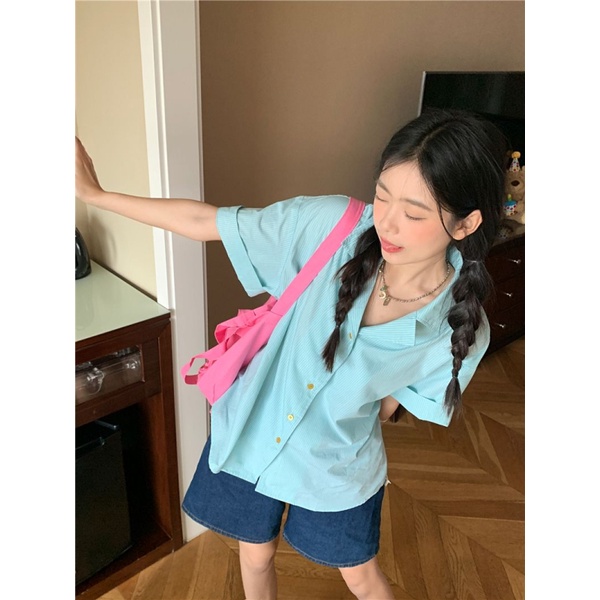 Áo sơ mi NZN tay ngắn dáng rộng họa tiết kẻ sọc thời trang cho nữ