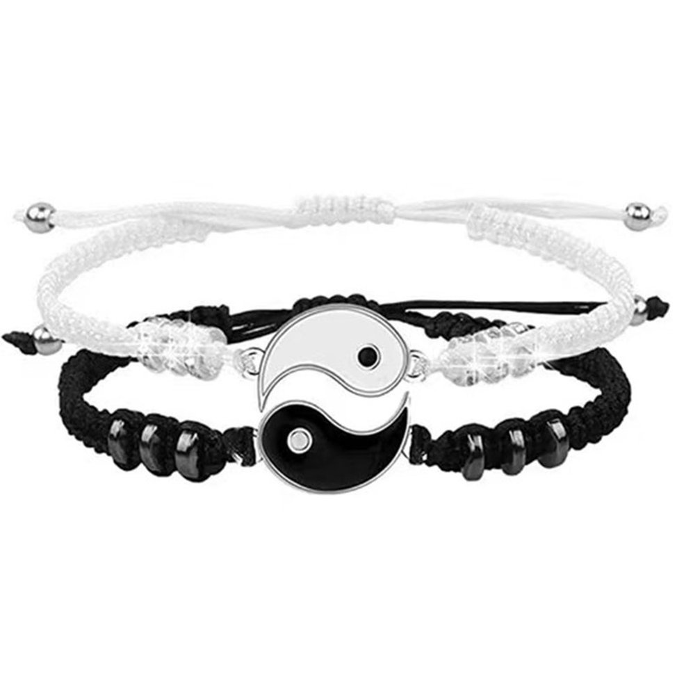 Woven Rope Bracelet Yin Yang Beads Adjustable Couple Pairing Friendship Gift