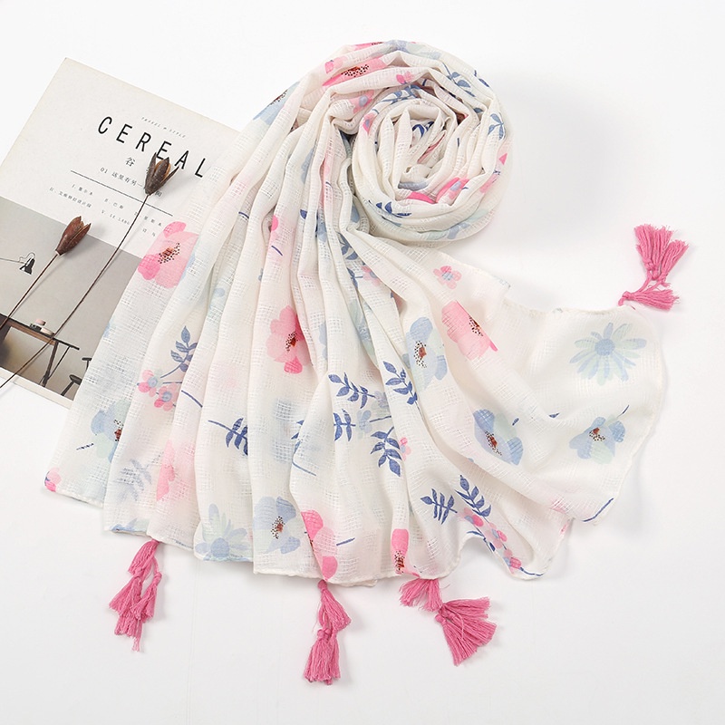 Khăn Choàng Cổ Chống Nắng 180-90cm In Họa Tiết Hoa Phối Tua Rua Thoáng Khí Xinh Xắn Cho Nữ