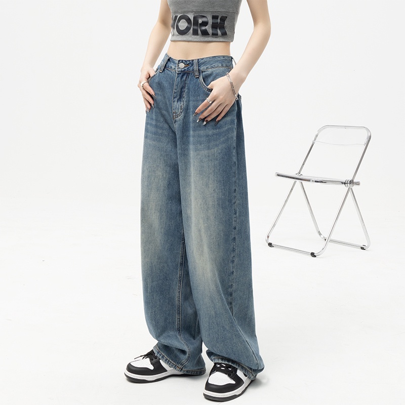 Quần Denim Ống Rộng Lưng Cao RENJIANVSHENG Thời Trang Hàn Quốc